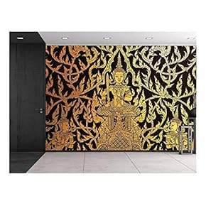 Black and Gold Traditional Thai Temple Painting - Ornate Wall Decoration - Wall Mural, Removable Sticker, Home Decor - 100x144 inches