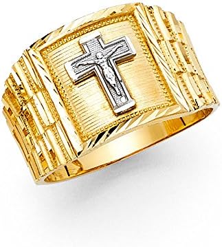 Solid 14k Yellow White Gold Big Jesus Cross Square Ring Mens Large Crucifix Band Two Tone 14MM Size 8