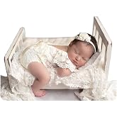 Vollmic Newborn Photography Outfit for Girls, Lace Romper | 1-piece set, Headband, Off-white
