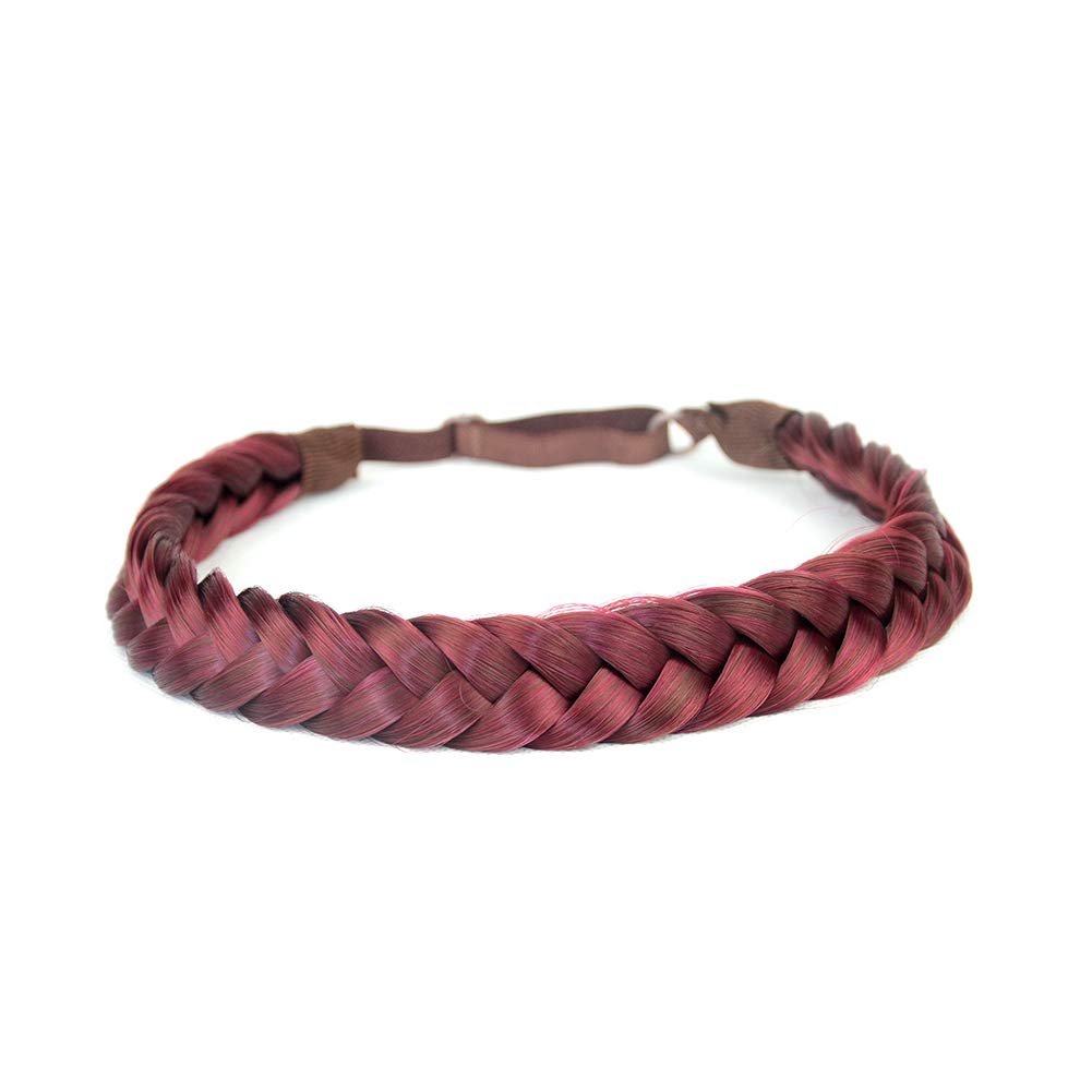 BOBIYA 2 Strands Synthetic Hair Braided Headband Classic Chunky Plaited Braids Elastic Stretch Hairpiece for Women Girl Beauty Accessory (Burgundy)