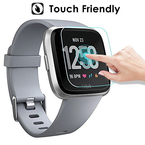 EZCO Fitbit Versa Screen Protector (4-Pack), Waterproof Tempered Glass Screen Protector Cover Saver for Fitbit Versa Smart Watch Scratch Resist 99.9% Clear HD Anti-Bubble Protective Film