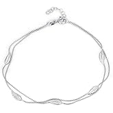 Vanbelle Sterling Silver Jewelry - Rhodium Plated with 925 Stamp - Designer Leaf Anklet - Elegant handcrafted Double layered Chain Anklet for Women - 9" long + 1" extender