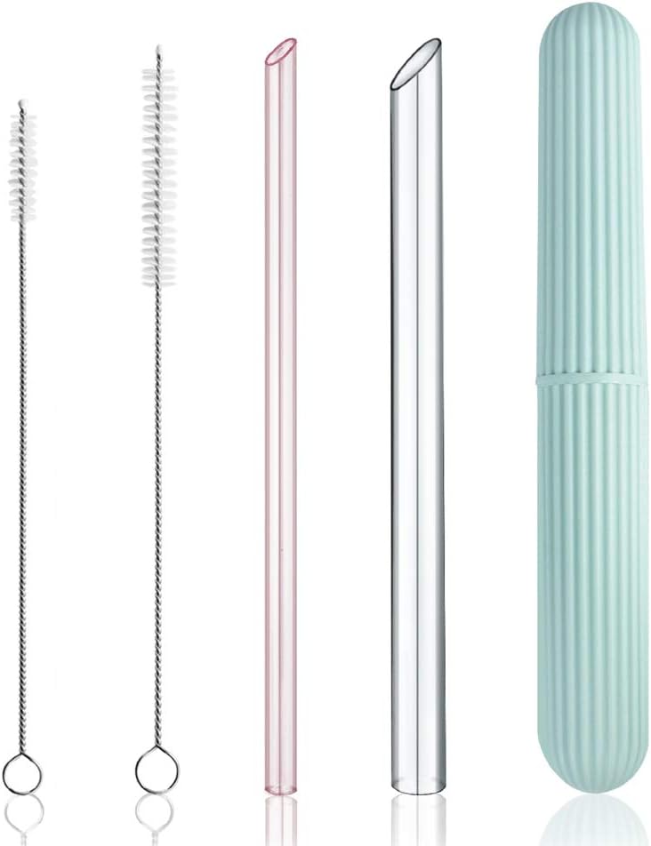 Reusable Eco-Friendly Glass Drinking Straws Set, 20cm x 8mm and 14mm with S/M Extra Large Size Brushes and Storage Container Travel Safe Case Box BPA Free for Smoothie Coffee Bubble Boba Tea (Pink)