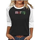 Christmas Shirts for Women Merry and Bright Believe Embroidered 3/4 Sleeve T-Shirts Hoilday Raglan Tops