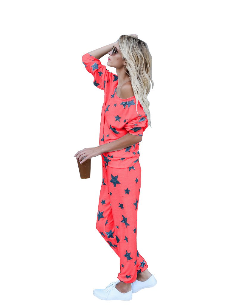 Mycherish Women Round Neck Cotton Flannel Pajamas Two Pieces Set with Star Pattern XX-Large Red