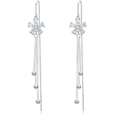 Sterling Silver Threader Earrings with Crystal Cubic Zirconia Flower Star Heart Butterfly Tassel Long Charm Drop Dangle Earrings Jewelry Gifts for Women Girls
