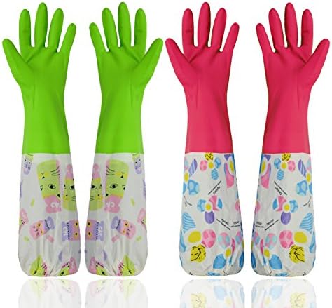 Household Long Latex Cleaning Gloves, Rubber Dishwashing Gloves, Waterproof and Durable, Large, 2 Pairs, Red & Green