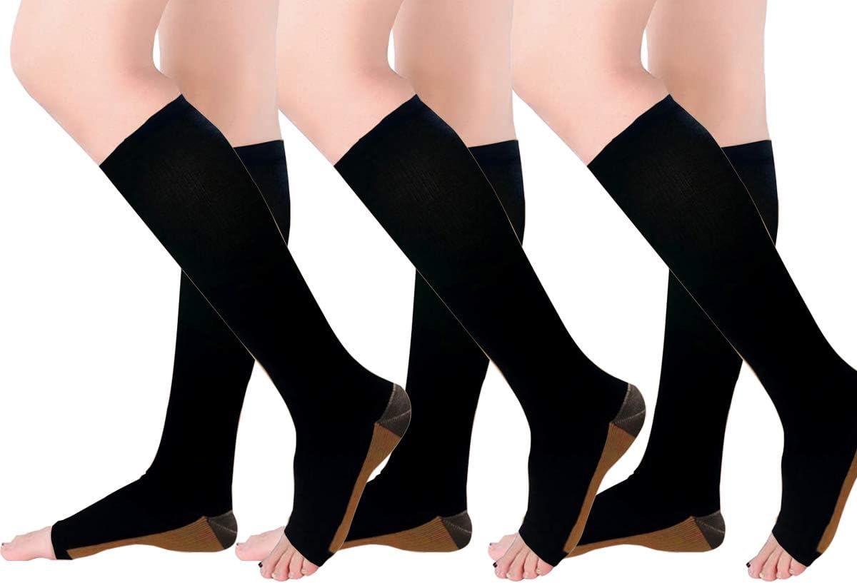 Copper Compression Socks, Open-Toe 20-30mmHg Graduated Compression Stockings for Men Women（3 Pairs) - Best for Athletic, Running, Flight, Travel, Nurses,Edema (Black - 3 Pairs, L/XL): Health & Personal Care