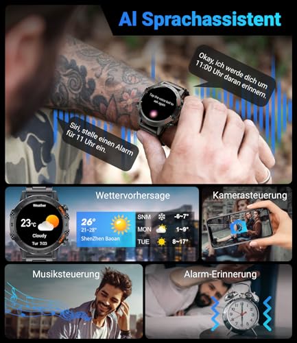 LIGE Men's Smartwatch with Phone Function, 1.39 Inch Military Smart Watch with 24H Heart Rate, Blood Pressure, Sleep Duration, 100+ Sports Modes, Fitness Watch, 300+ Dials, IP67 Waterproof, Black