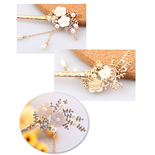 Happy Hours - Crystal Rhinestone Bead Hair Clasp For Women and Teen Girl / Natural Shell Alloy Flower Design Hair Pins Stick With Dangle Tassel Pendant(Style 1) - Thumbnail 6