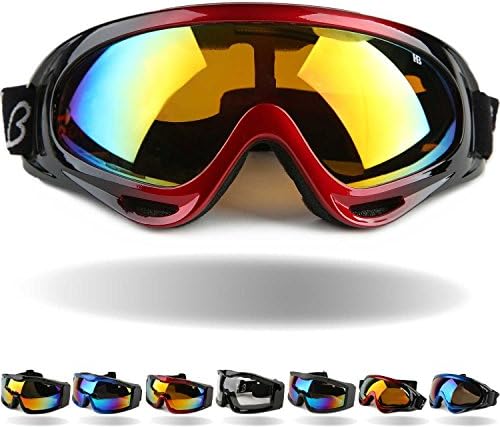 Tactical Windproof Cycling Googles Uv400 Motorcycle Ski Snowboard Goggles Eyewear Sports Protective Safety Glasses with Extra Long Adjustable Strap (Red Frame Colorful Lens 2#)