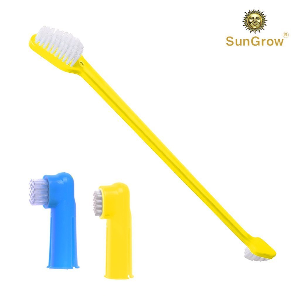 3 pcs Dog Toothbrush Set -- Dual-headed brush for better dental care - 2 Bonus Finger Brushes included - Removes plaque, freshens dog's breath - Vet & Pet Groomer Recommended - Use with Dog Toothpaste