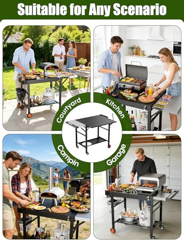 Outdoor Pizza Oven Table, Expansive Countertop Pizza Oven Stand for Party, Movable Kitchen Cooking Prep BBQ Cart with Wheels, Solid and Sturdy Grill Table, Fits Ooni Blackstone Ninja Cuisinart Gozney