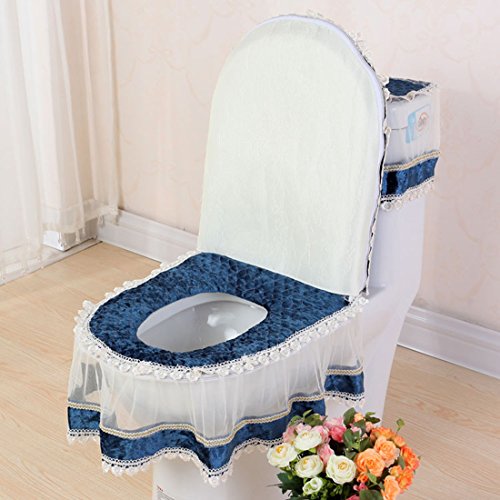 Freahap Toilet Cover Set Lace Bathroom Decor Tank Cover Toilet Lid Cover Toilet Seat Cover Blue