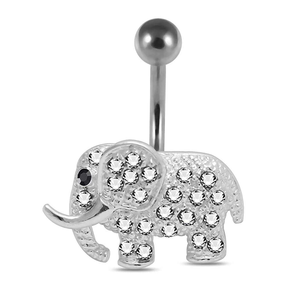 AZARIO LONDON Multi White Crystal Stones Stone Fancy Elephant Sterling Silver Belly Bars Piercing