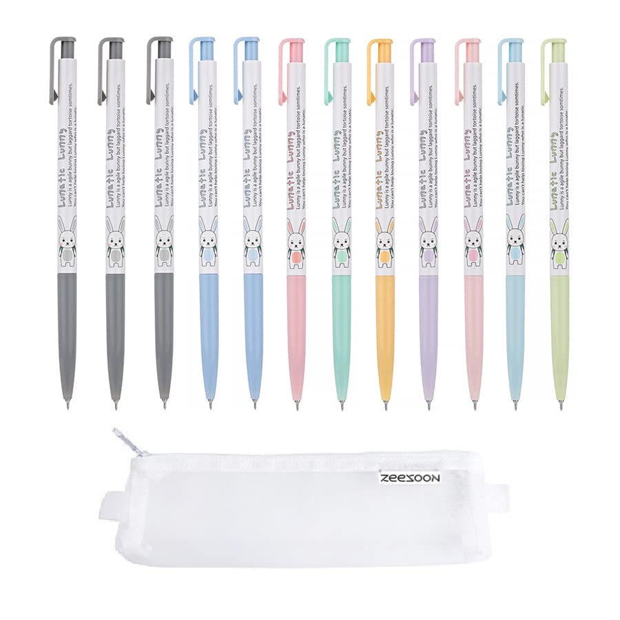 ZEESOON Xeno Slim Ball Point Pens 0.38mm (Pack of 12) 9 Color Mix Simple Pencil Pouch Additional