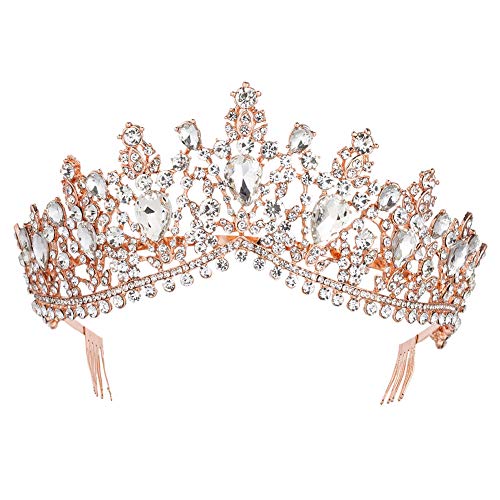 Royal Rhinestone Crystal Queen Tiara Headband Wedding Pageant Birthday Party Crowns Princess Headpieces for Women Girls (Rose Gold White)