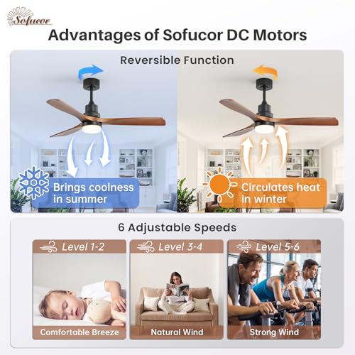 Sofucor 52 Inch Solid Wood Ceiling Fans With Lights, Low Profile Ceiling Fan with Light and Remote, 3 Downrod, Reversible DC Motor, Indoor/Outdoor 3 Blade Ceiling Fan Light for Bedroom Farmhouse Patio