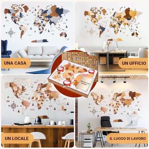 WOW WOOD® Wooden World Map 3D in Italian – High Quality Wall Decorations | Wall Mount Without Tools | Gift Idea for Any Occasion (113.00 x 213.00 CMS, Wood Colour)