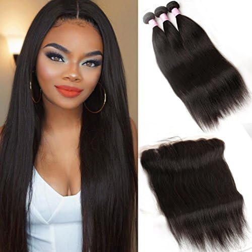 Peruvian Virgin Hair Straight Lace Frontal Closure with 3 Bundles 8A Unprocessed Straight Human Hair with 13x4 Frontal Ear To Ear Straight Bundles with Closure Baby Hairs(22 24 26 with 20 Free Part)