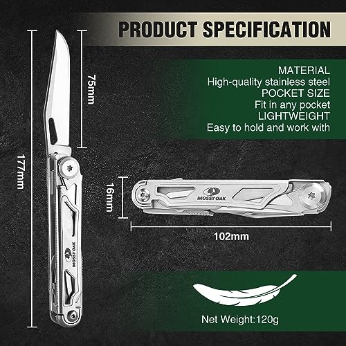 Mossy Oak Multifunction Knife, 12 in 1 Multi-purpose Folding Knife Stainless Steel Multifunctional Tool with Knife, Scissors, Screwed for Camping Hiking