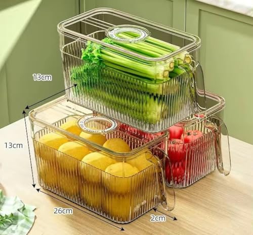 Clear Stackable Fridge Organizers & Storage XVersion 2PCS Transparent Food Storage Containers with Timer Lids & Handle | Fresh-Keeping Storage for Fruits, Vegetables & Eggs (V1)