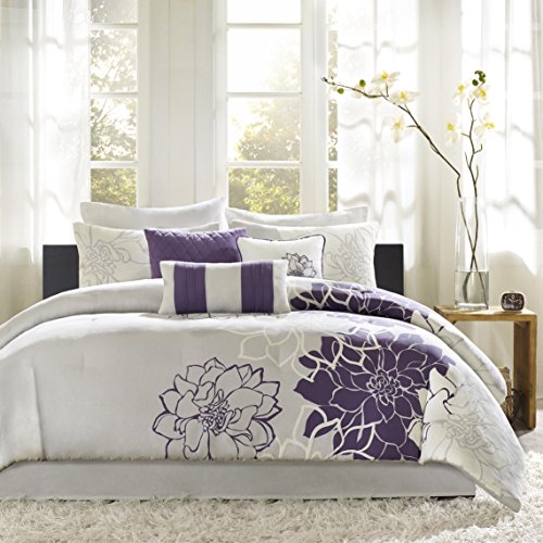 Madison Park Lola Queen Size Bed Comforter Set Bed in A Bag - Purple, Grey, Floral, Flowers â€“ 7 Pieces Bedding Sets â€“ Cotton Sateen, Cotton Poly Crossweave Bedroom Comforters