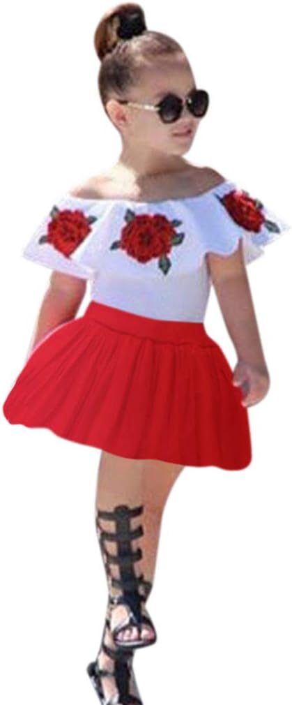 2Piece Toddler Kid Baby Girls Outfits Set,Off Shoulder Rose Print Flounce Ruffle T-Shirt Bowknot usausa Skirt Suit