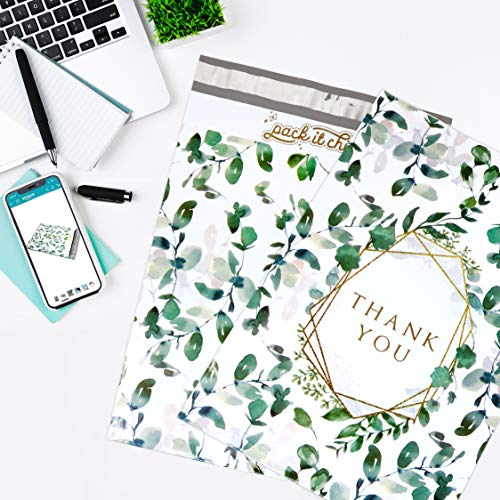 Pack It Chic - 10X13 (100 Pack) Geometric Leaves Pattern - Thank You Poly Mailer Envelope Plastic Custom Mailing & Shipping Bags - Self Seal (More Designs Available)