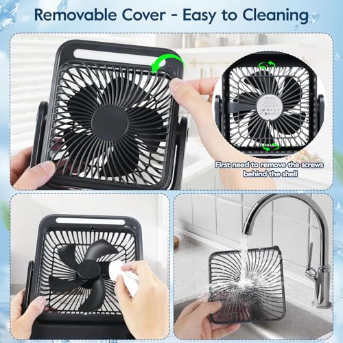 Shayson Portable Fan 20000mAh Camping USB Fan with LED Light, 4 Speeds, 12-43 Hours of Operation, Smart Display, Low Noise, for Office/Home/Travel/Camping (Black)