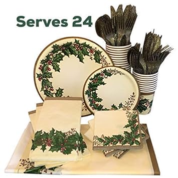 Christmas Paper Plates and Napkins – Winter Holly Design with Cups, Utensils and Tablecloth (