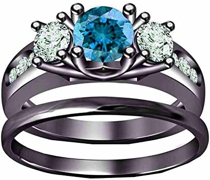 SilverstarJewellery 14K Black Gold Fn Blue Topaz &amp; D/VVS1 Diamond Women's Three Stone Bridal Ring Set