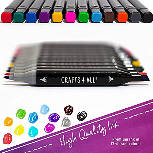 Crafts 4 All Fabric Markers Pens Permanent 12 Pack Dual Tip Minimal Bleed Rich Paint Color