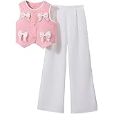 Milumia Girl's 2 Piece Outfits Cute Bow Button Down Vest Tank Top and Wide Leg Pants Sets