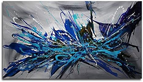 Amazon Co Jp Faicai Art ダークブルー 抽象画 ウォールアート キャンバス絵画 グレーの背景 ハンドメイド スプラッシュ油絵 モダンホームデコレーション リビングルーム オフィス 壁装飾 木製フレーム 28 X56 ブルー ホーム キッチン