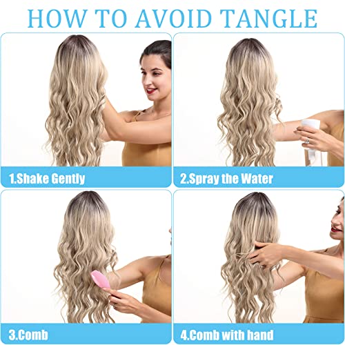 POPTAIYU Long Ombre Blonde Wavy Lace Front Wigs for Women with Dark Roots Synthetic Curly Natural Wavy Heat Resistant Hair for Daily Party Use (Ombre Blonde,26inch)