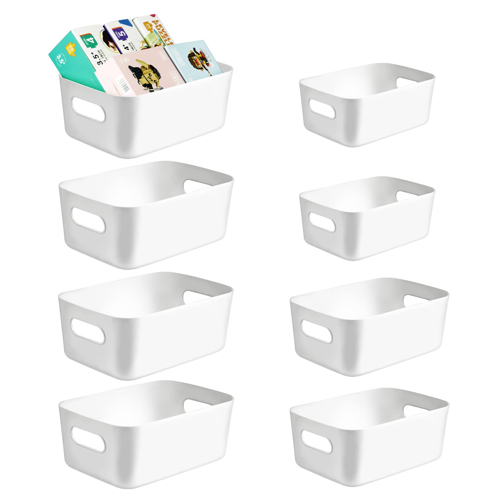 Photo 1 of eastbao 8-pack White Plastic Storage Basket,Bins for Organization and Storage for Versatile Home Edit Containers,11 inch Cube Storage Boxes for Office Kitchen Bathroom (3size small Medium large)
