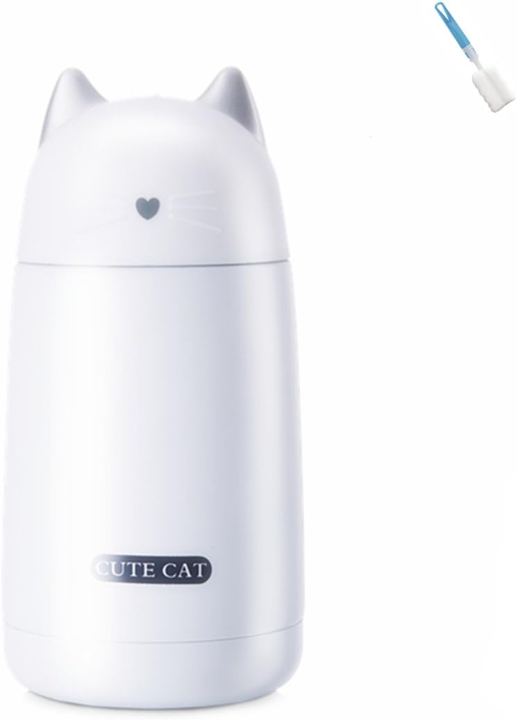 11 OZ Cute Cat Water Bottle Mini Cartoon Stainless Steel Bottle Portable Vacuum Flask with Brush for Kids,Girls,Boys,Women,Cat Lovers (White)
