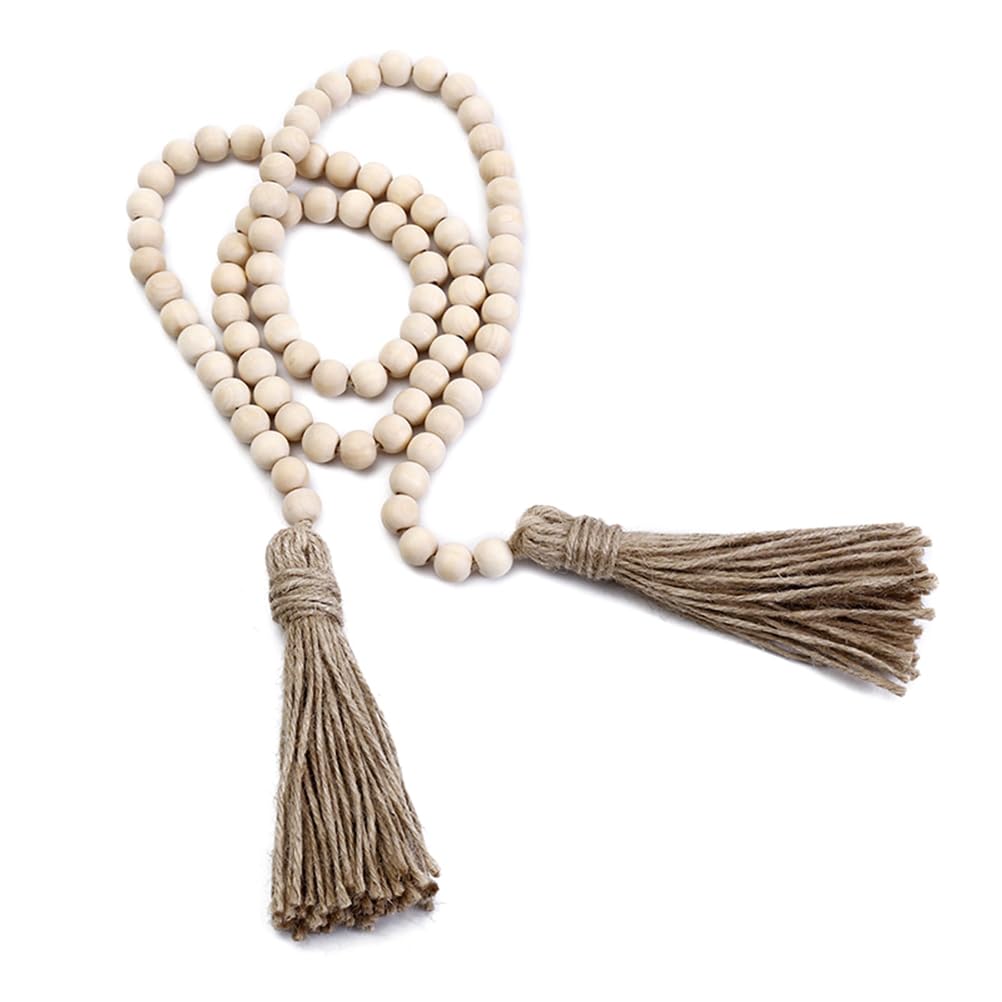 HEALLILY 1. 38M Wood Beads Garland with Tassels Farmhouse Rustic Wooden Bead String Wood Beaded Banner Baby Room Wall Hanging Tassels Decoration for Nursery