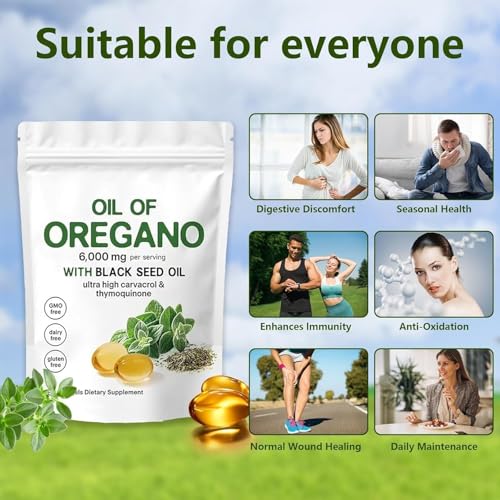Oregano Oil with Black Seed Oil Capsules – 2-in-1 Formula for Immune Support – Plant-Based, Non-GMO Oil of Oregano Capsules (180 Softgels/1 Bag)