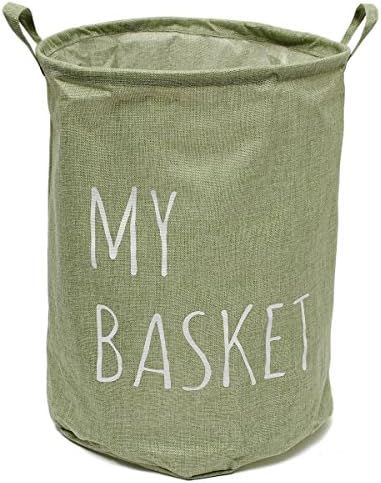 VIVIMONKEY Laundry Basket Linen Cotton Foldable Round Waterproof Coating Hamper Storage Bag Toy Storage Basket Box 15.7" x 18.9" (Green)