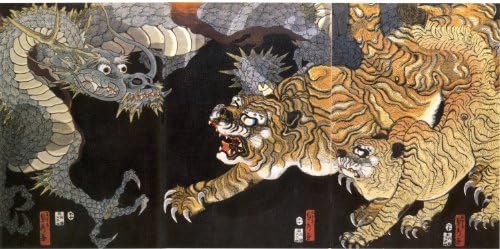 Skyline Posters 1858 Dragon and Tigers - Large Japanese Art Print
