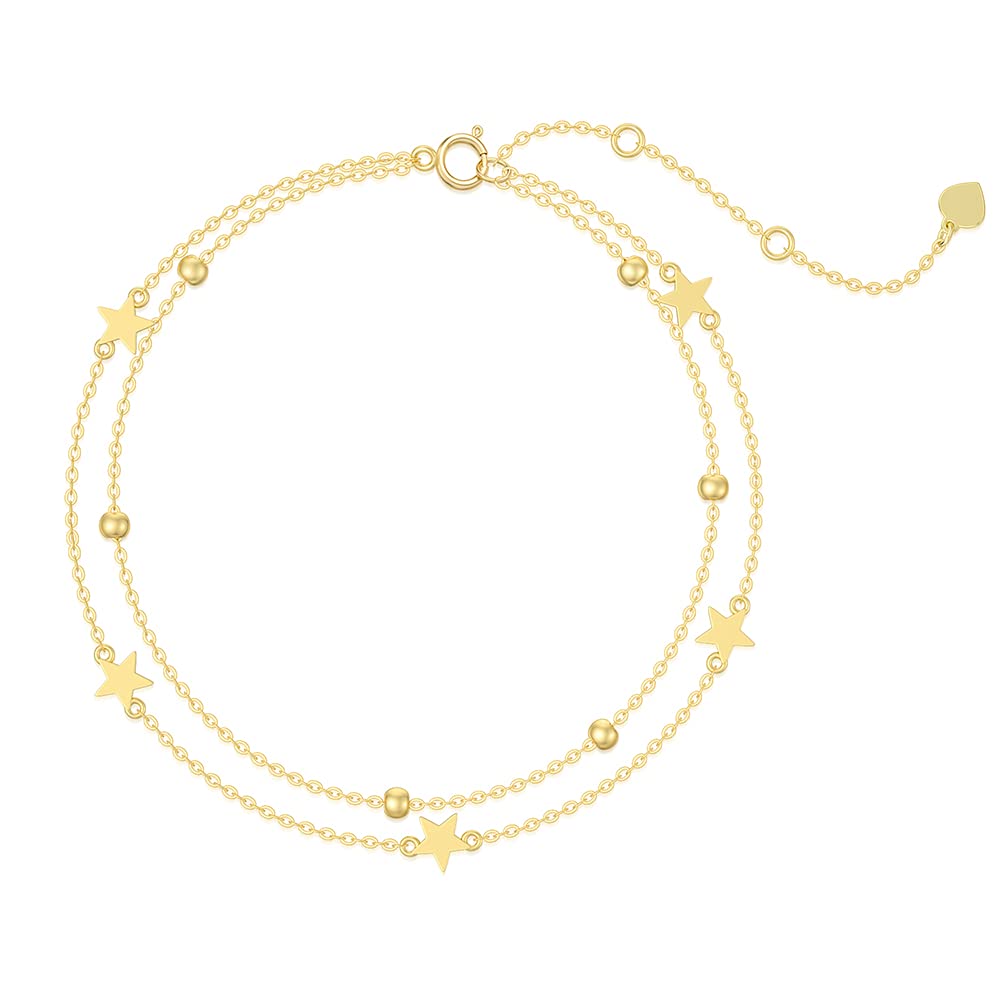 SISGEM 9 ct Gold Star Anklet, Solid Yellow Gold Beaded Layered Anklet, for Women Girls Ladies Mum Sisters, 8"+1"+1"
