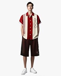 Bowling Shirts for Men Red Geometric Print Short