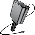 ROADRESS Retractable Car Charger with Dual Retractable Cords, Type-C Cable Fast Charging Up to 100W, 4 in 1 Fast Car Phone Charger with Voltage Display for iPhone 16/15/14/13/12 Pro Max,iPad,Samsung