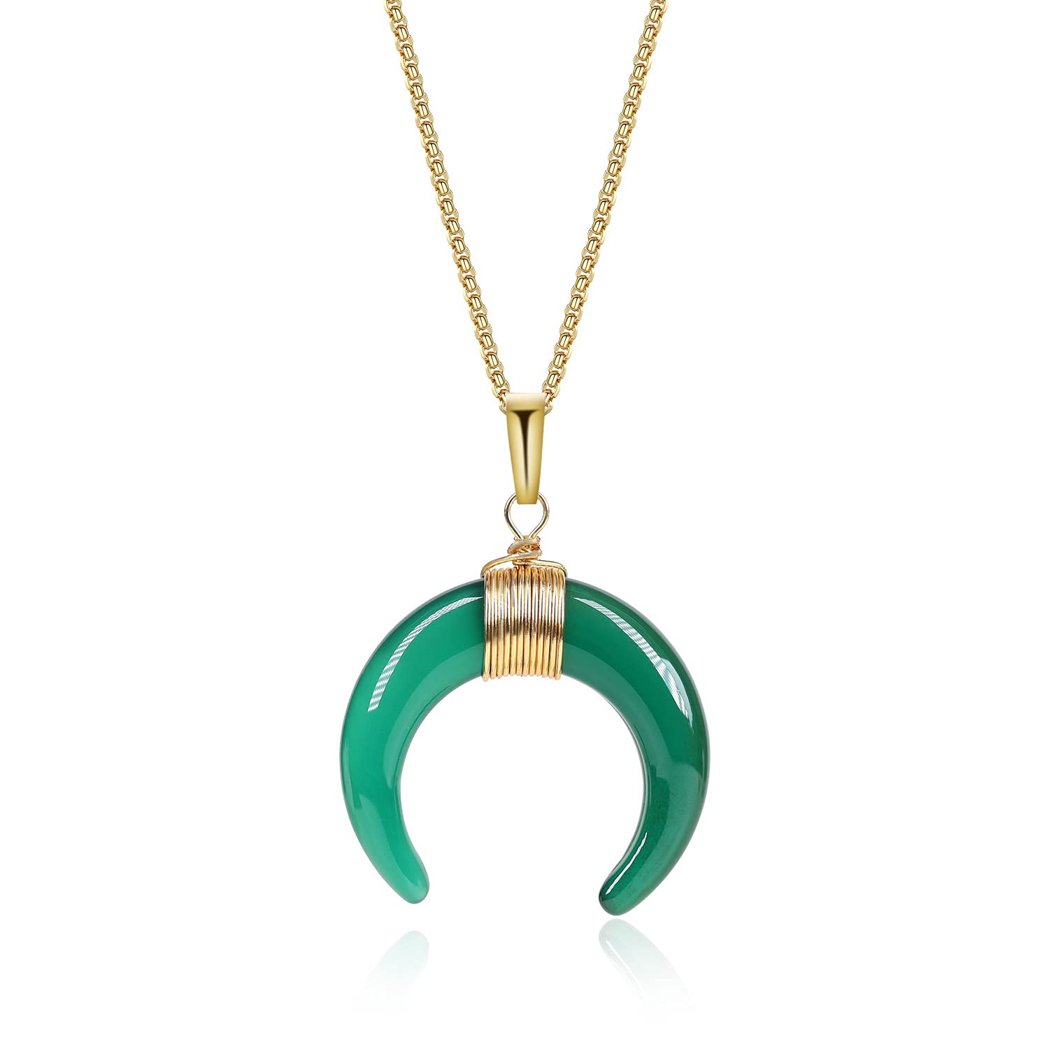 COAI Horn Crescent Moon Necklace Green Agate Stone Necklace for Women