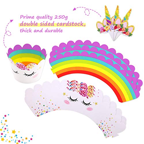 24 Pack Unicorn Cupcake Toppers and Wrappers Birthday Cake Decorations +2 Unicorn Masks for Unicorn Themed Party Baby Shower Supplies
