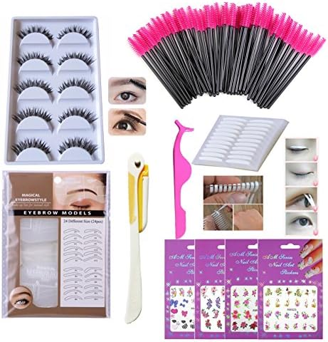 Eyes Makeup Tools Set Kit, Thick Long False Eyelash, Disposable Eyelash Mascara Brushes/wands, Double Sided Eyelid Tape, Eyebrow Stencils, Tweezers, Eyebrow Razor Trimmers (Bi004A)
