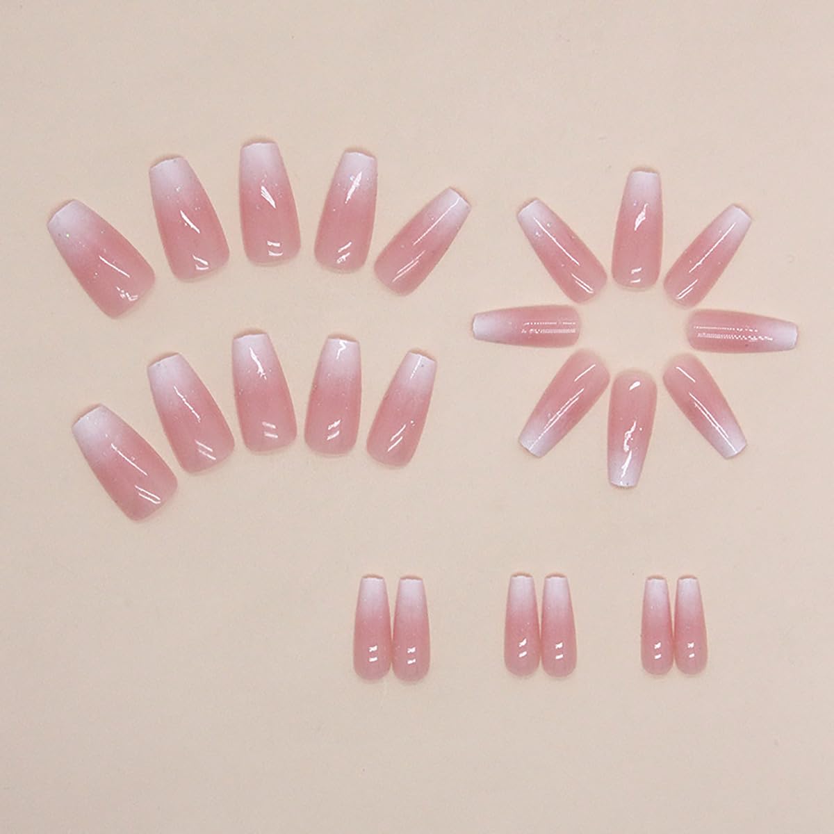 Medium Long Press on Nails Ombre Pink Fake Nails Glossy Glitter Full Cover Glue on Nails Bling Designs Natural Nude False Nails Reusable Artificial Acrylic False Nails for Women Manicure Salon Kit - Image 3