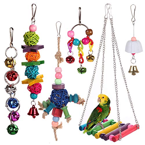 HAPPYTOY Bird Parrot Toys Play Set for Bird Cage, Colorful Chewing Hanging Swing Toy Bells, Ladder Swing for Small Parrots, Macaws, Parakeets, Conures, Cockatiels, Love Birds (Bird Swing Set5)
